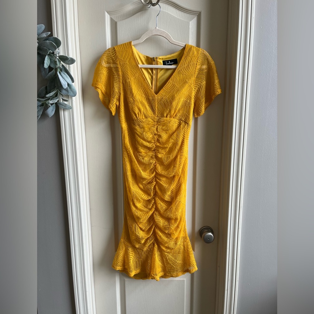 Lulu’s Harlou Mustard Yellow Lace Ruched Bodycon Dress - Picture 2 of 8